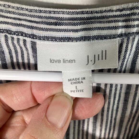 Womens J Jill Linen 1/2 Button V Neck Striped Tunic Gray White LP Long Sleeve - Picture 7 of 9